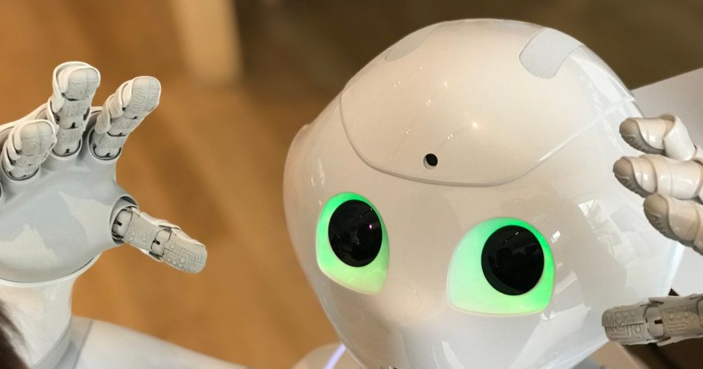 Close-up of a white humanoid robot face