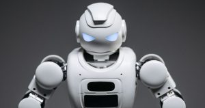Grayscale photo of a futuristic robot head